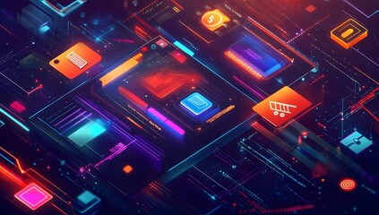 Obraz premium A dynamic digital illustration of an online shopping experience, with credit card symbols and glowing web pages floating around it. 