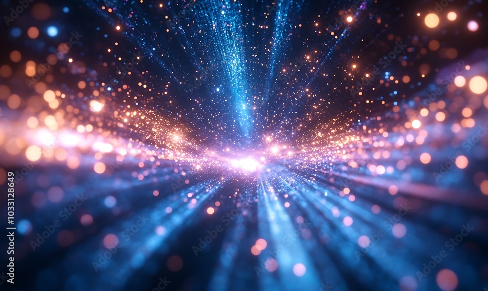 Poster an abstract image of vibrant blue and orange glowing particles radiating outward, creating a sense o