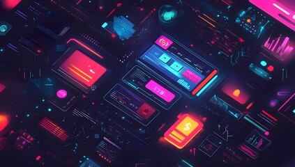 A dynamic digital illustration of an online shopping experience, with credit card symbols and glowing web pages floating around it. 