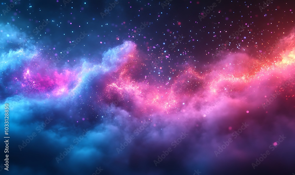 Poster a vibrant cosmic scene with colorful clouds of gas and shimmering stars, evoking a sense of wonder a