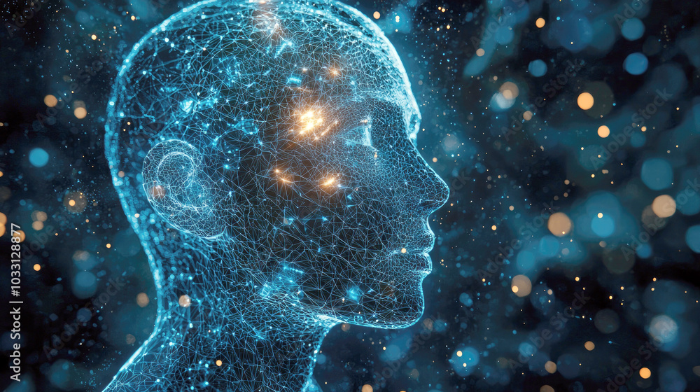 Poster a digital representation of a human head filled with interconnected nodes and glowing particles.