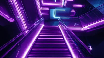 Futuristic Neon Staircase in Vibrant Purple and Blue Hues