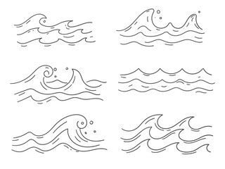 Set of line water waves. hand drawn nature sea waves