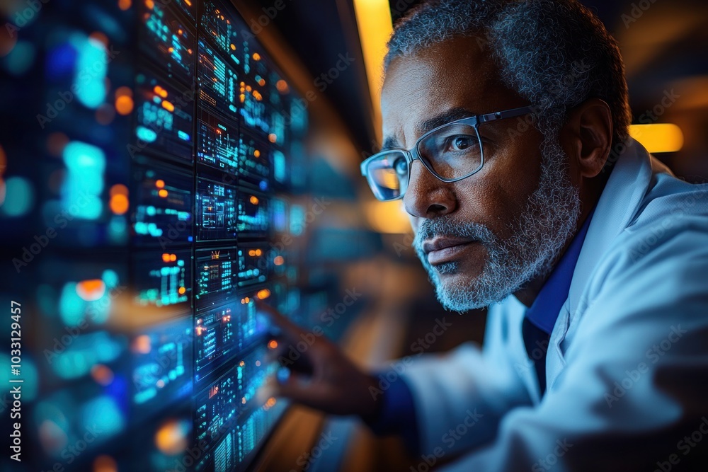 Poster a focused scientist analyzes data on digital screens in a high-tech environment.