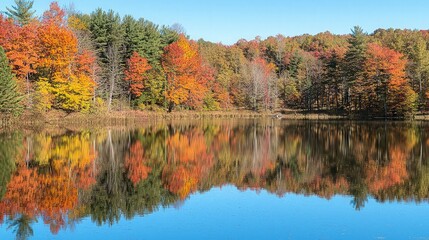 Obraz premium Vibrant fall foliage reflected in a still lake.