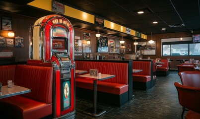 Retro diner with red booths and a vintage jukebox.