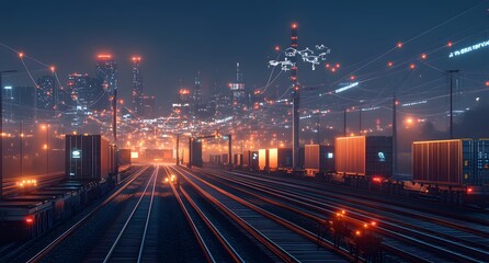 Fototapeta premium A dynamic scene of cargo trucks and railway cars in motion, with digital connections between them representing a global logistics network or drone delivery. 