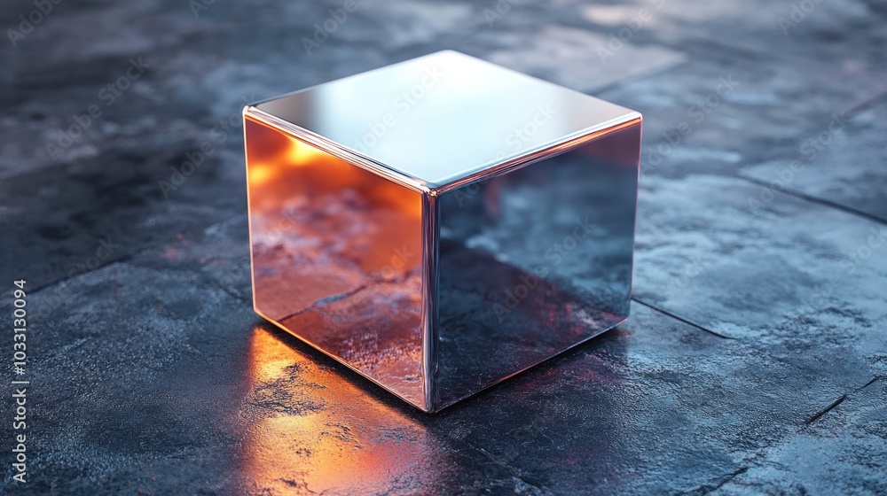 Poster a reflective cube on a textured surface, showcasing light and shadow interplay.