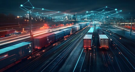 A dynamic scene of cargo trucks and railway cars in motion, with digital connections between them representing a global logistics network or drone delivery. 
