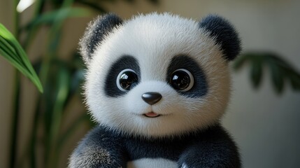 Obraz premium A close-up portrait of a cute, fluffy panda cub with big, brown eyes, looking directly at the camera, with a soft smile. The panda is in focus and the background is slightly blurred.