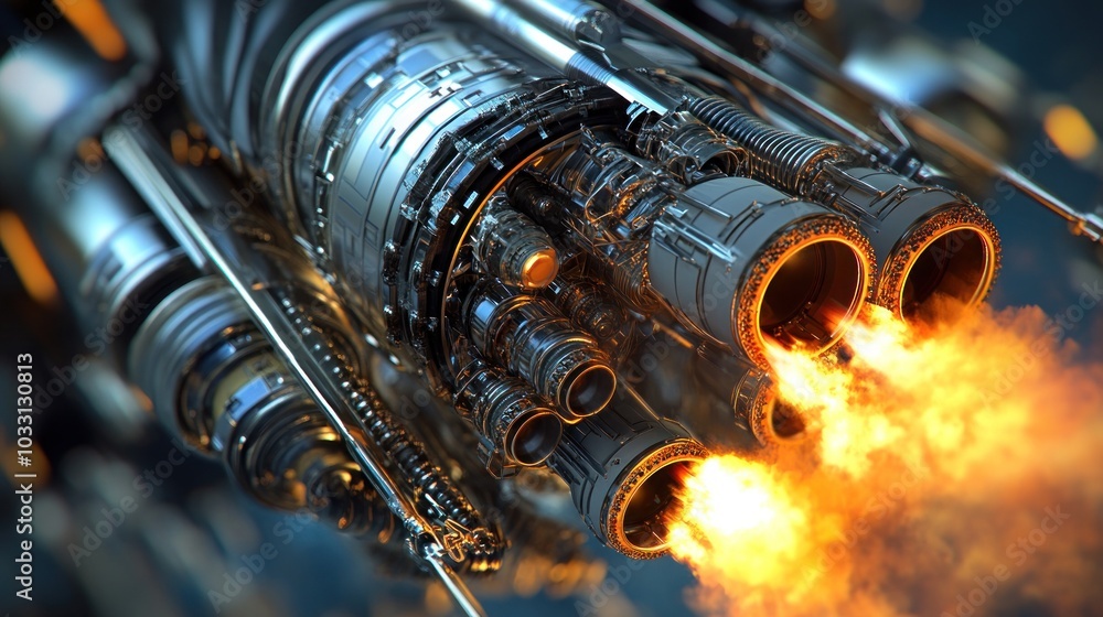 Poster close-up view of a spaceship engine firing with intense flames, showcasing intricate details of its 