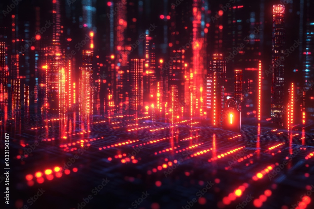 Poster abstract digital landscape with glowing data streams and a padlock symbolizing cybersecurity.