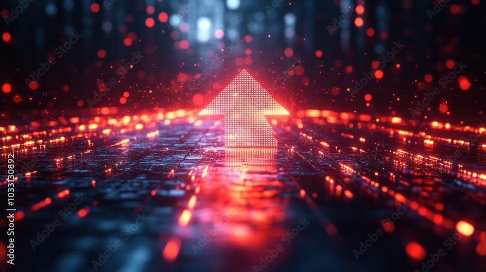 Poster a glowing red arrow on a digital surface, symbolizing direction and progress in technology.