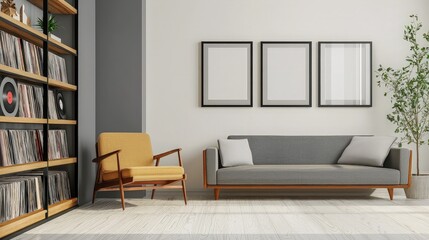Fototapeta premium Modern living room with a grey sofa, yellow armchair, wooden bookshelf, and three blank frames on the wall.