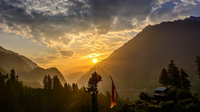 Stunning 4k timelapse of an evening at Himalayas mountain of Parvati valley in Himachal pradesh, India