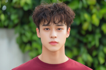 Portrait of a young korean man with curly hair, wearing a red sweater, standing outdoors with a blurred green foliage background