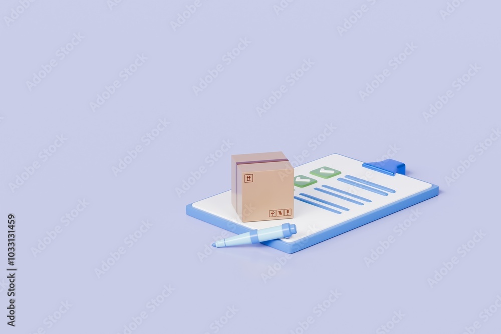 Poster 3d parcel box with clipboard checklist with receipt icon. minimal cardboard box with task clipboard 