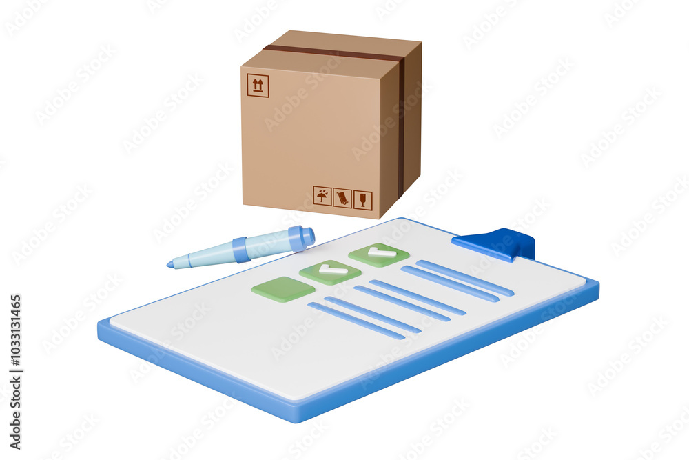 Poster 3d parcel box with clipboard checklist with receipt icon. minimal cardboard box with task clipboard 
