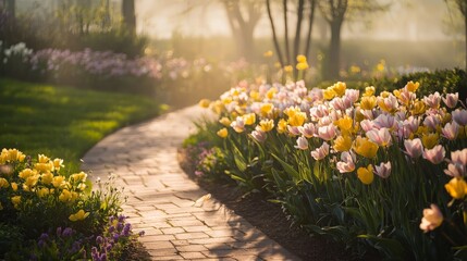 Fototapeta premium A winding brick path leads through a garden filled with colorful tulips, bathed in the warm glow of the morning sun.