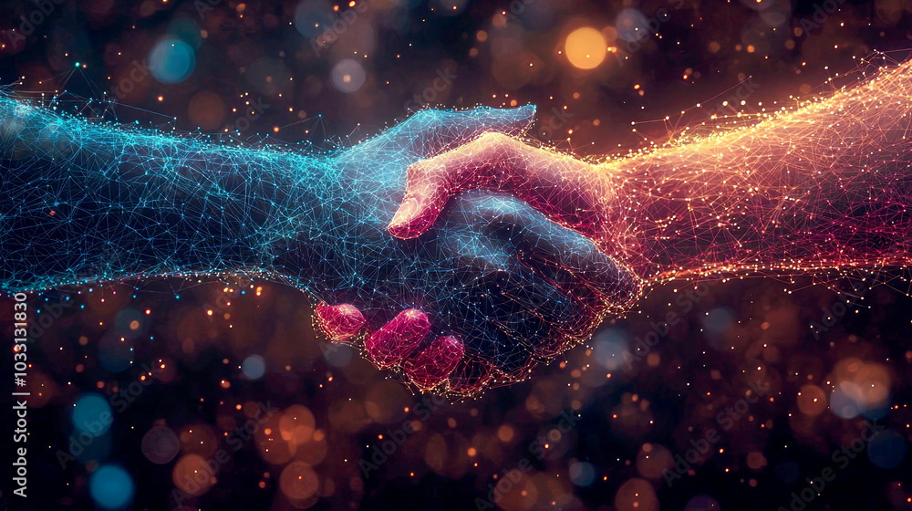 Poster a digital representation of two hands shaking, symbolizing connection and collaboration.