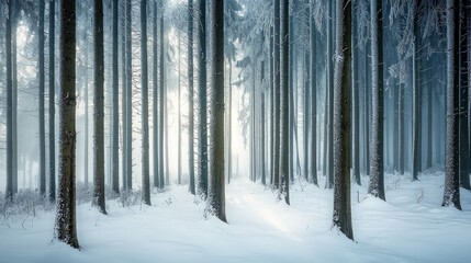 Fototapeta premium Sunbeams pierce through a misty winter forest, illuminating a path covered in fresh snow.