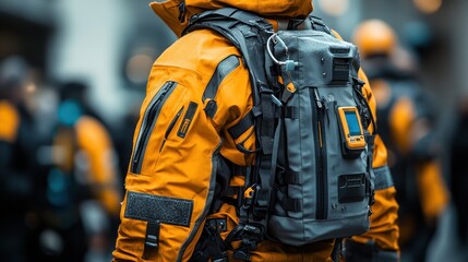 A person in a bright yellow jacket with a high-tech backpack in a crowded environment.