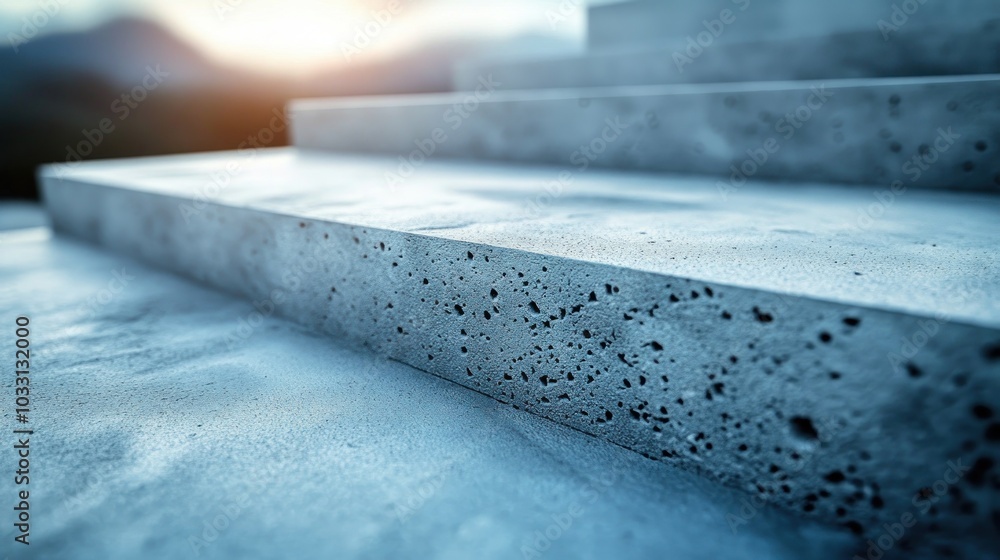 Poster close-up of textured concrete steps with a soft background, emphasizing design and material.
