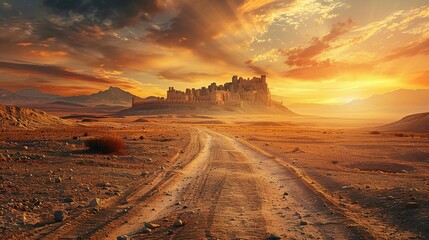 Fototapeta premium Sunset Over Time: A Dusty Desert Road Towards Ancient Castle Ruins in a Biblical Landscape