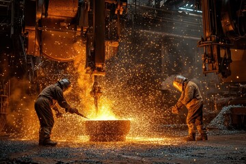 A high-tech steel mill with molten metal pouring into molds, sparks flying, and workers in protective gear guiding the process in a dynamic