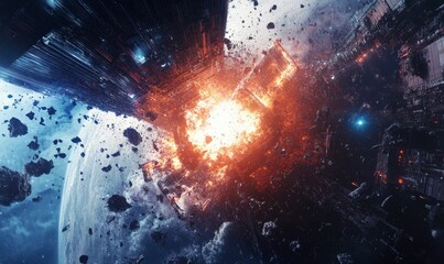 Space station explodes, debris raining down.