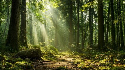 Sunbeams illuminate a path through a dense forest.