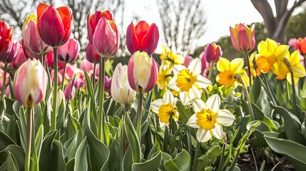 Fototapeta premium Colorful tulips and daffodils in a field.