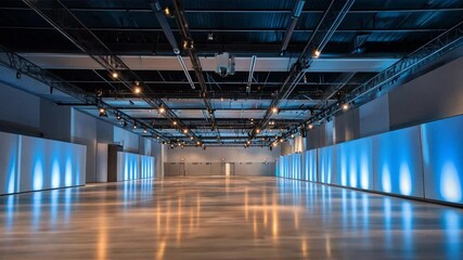 Modern exhibition space with polished floors, wide aisles, and large display areas ready for corporate events or product showcases	
