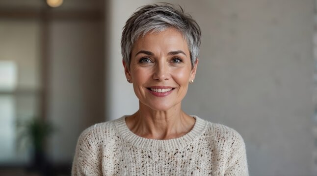 Close up image of happy good looking elegant senior woman wearing warm cozy sweater jumper, pearl earrings and short pixie cut stylish haircut in good mood sitting in living room, smiling broadly