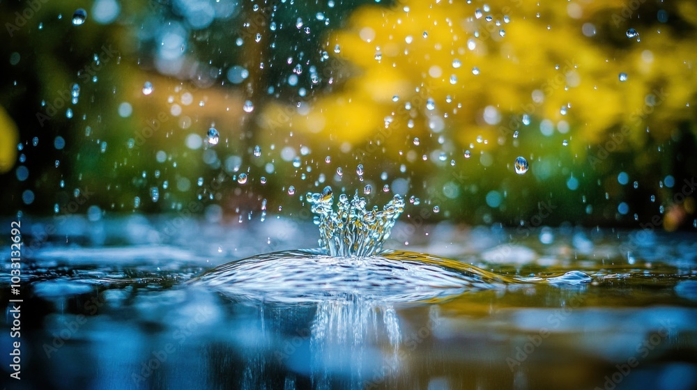 Poster a single water drop splashes in a still pond, creating a ripple effect with a bokeh background of gr