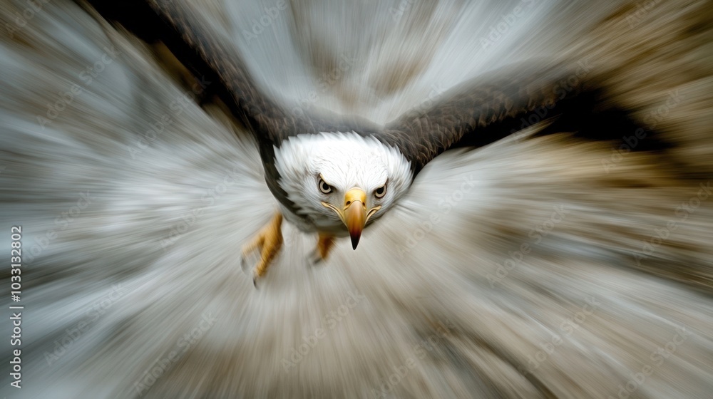 Poster a bald eagle in flight, captured with a zoom lens, creating a sense of speed and power.