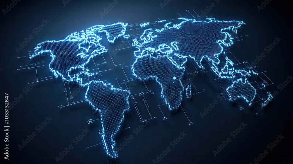 Poster digital world map illuminated with glowing blue lines, showcasing modern and technological design. t