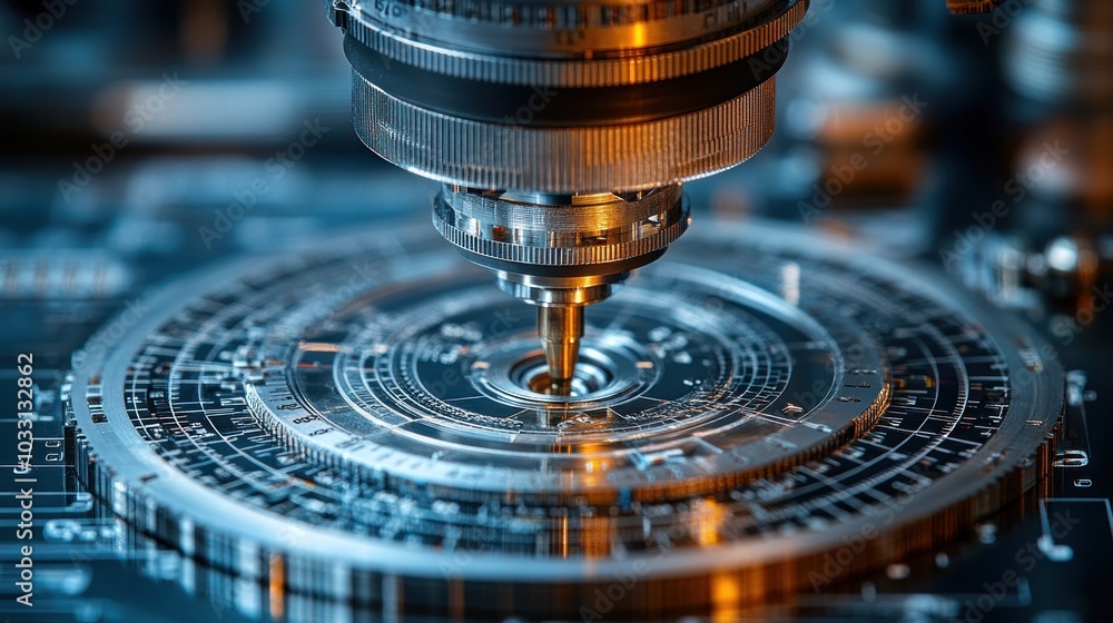 Poster a close-up of a precision tool interacting with a detailed circuit board design.