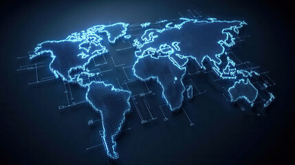 Naklejka premium digital world map illuminated with glowing blue lines, showcasing modern and technological design. This representation highlights global connectivity and data visualization