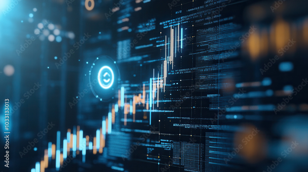 Poster digital financial data visualization with graphs and charts showing market trends and analytics. ima