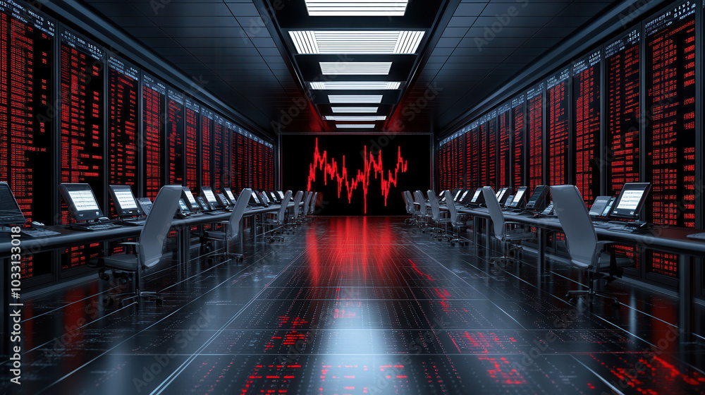 Poster high tech trading room with multiple computer screens displaying stock market data and red graphs. a