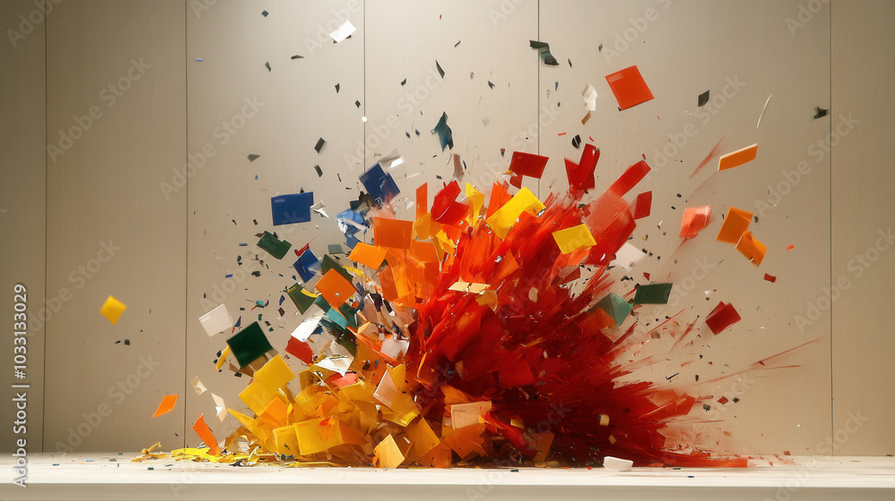 Poster explosive burst of colorful squares creating dynamic and vibrant display, showcasing mix of red, ora