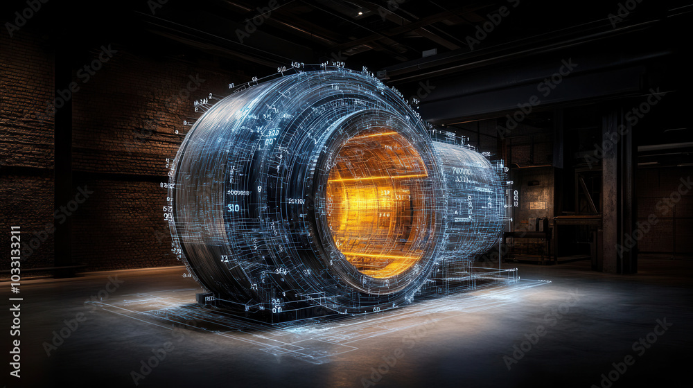 Poster futuristic vault design with glowing elements and intricate digital schematics, showcasing advanced 