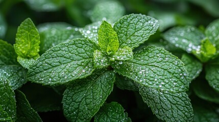 Close-up of fresh green mint leaves with dew drops.