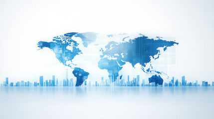 Digital world map illustration showcasing global connectivity and economic sectors. blue tones and modern design evoke sense of innovation and progress in digital age