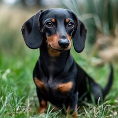 A black and tan dachshund sits in the grass, looking directly at the camera.