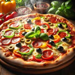 pizza with salami tomatoes and olives