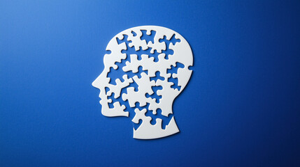 Human head of white puzzles on a blue background to commemorate World Mental Health Day, World Brain Day, mental health or autism concept, banner and copy space