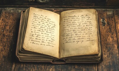 Obraz premium Open, leather-bound book with handwritten pages on wooden surface.