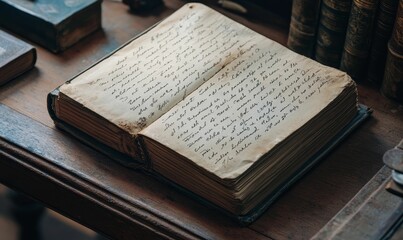 Obraz premium Open antique book with handwritten text on wooden table.